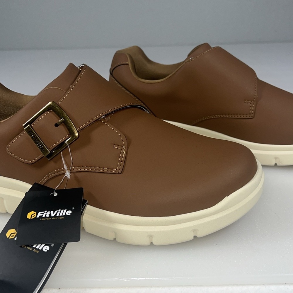 FitVille Men's Wide Diabetic Orthopedic Walking Shoes Brown Hook & Loop Leather